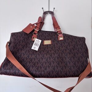 Michael Kors Brown MK Monogram Duffel Bag with Tan Trim